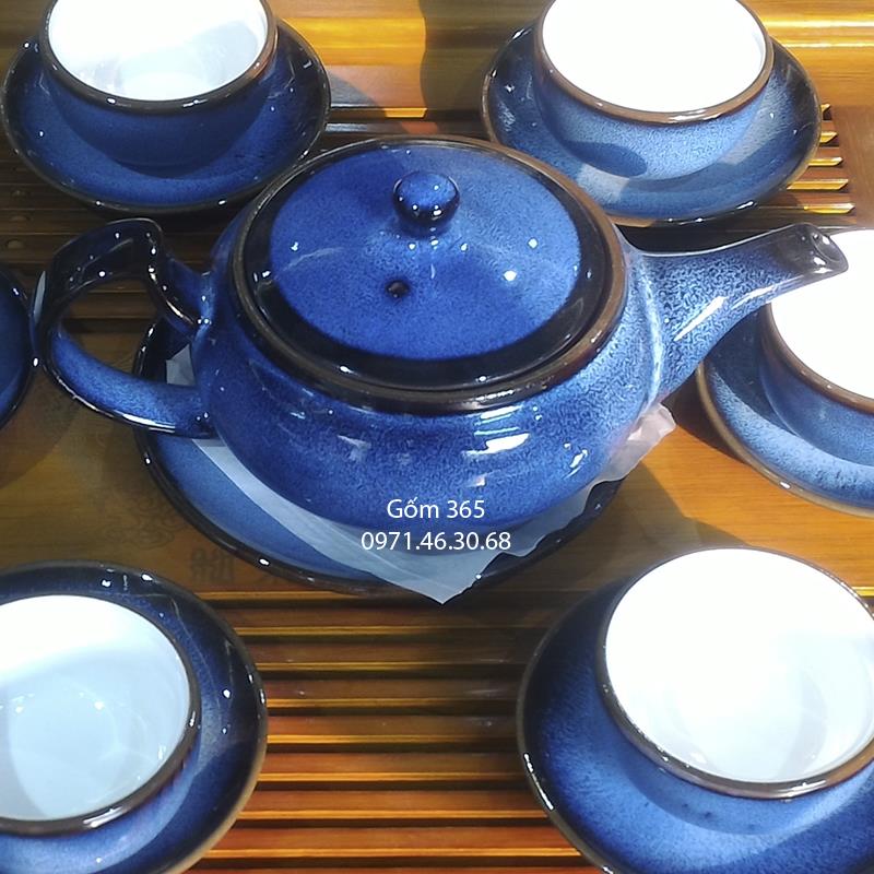 Ấm chén men hỏa biến Bát Tràng vuốt Thiên Thanh