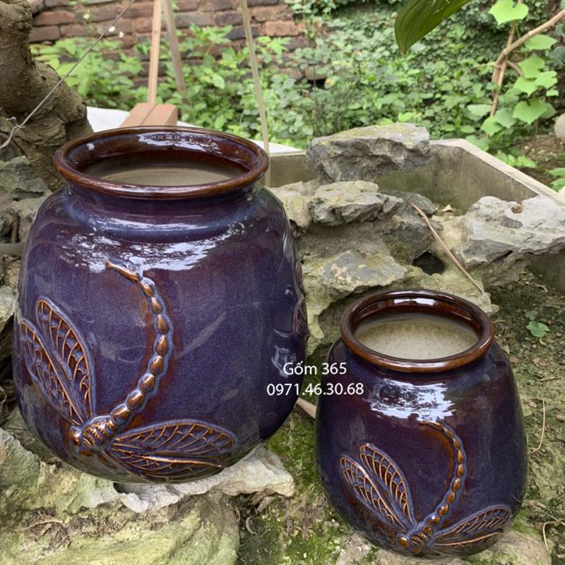 Lọ hoa giỏ cua men hỏa biến xanh đắp nổi chuồn chuồn