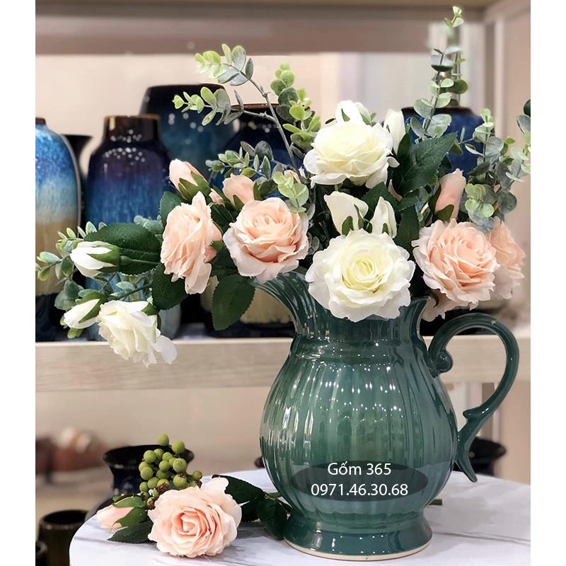 Lọ hoa men hỏa biến xanh lục dáng bình sữa bé cao 25cm