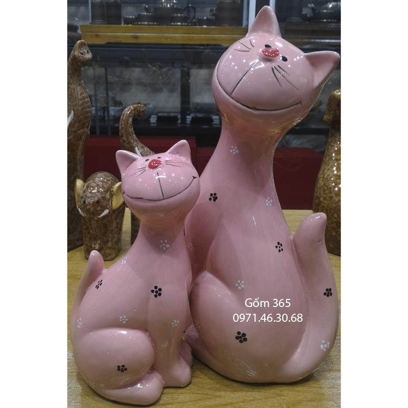Tượng con giống Bát Tràng - Mèo mẫu tử men màu hồng