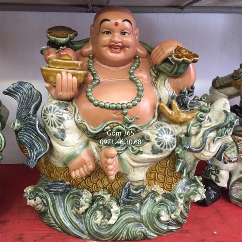 Tượng gốm sứ Bát Tràng - Tượng Phật Di Lặc cưỡi cá chép hóa rồng men rạn