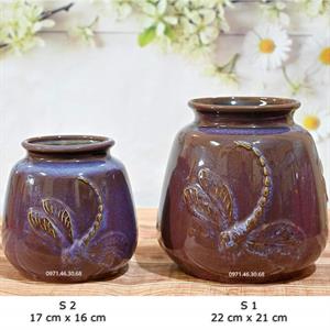 Lọ hoa men hỏa biến xanh tím dáng giỏ cua đắp chuồn chuồn