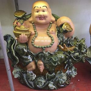 Tượng Phật Di Lặc cưỡi cá chép hóa rồng men xanh